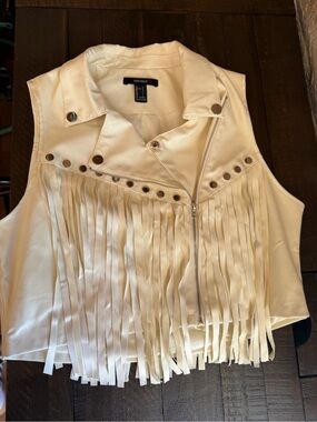 Forever 21 Ivory Fringe Faux-Leather Moto Vest
